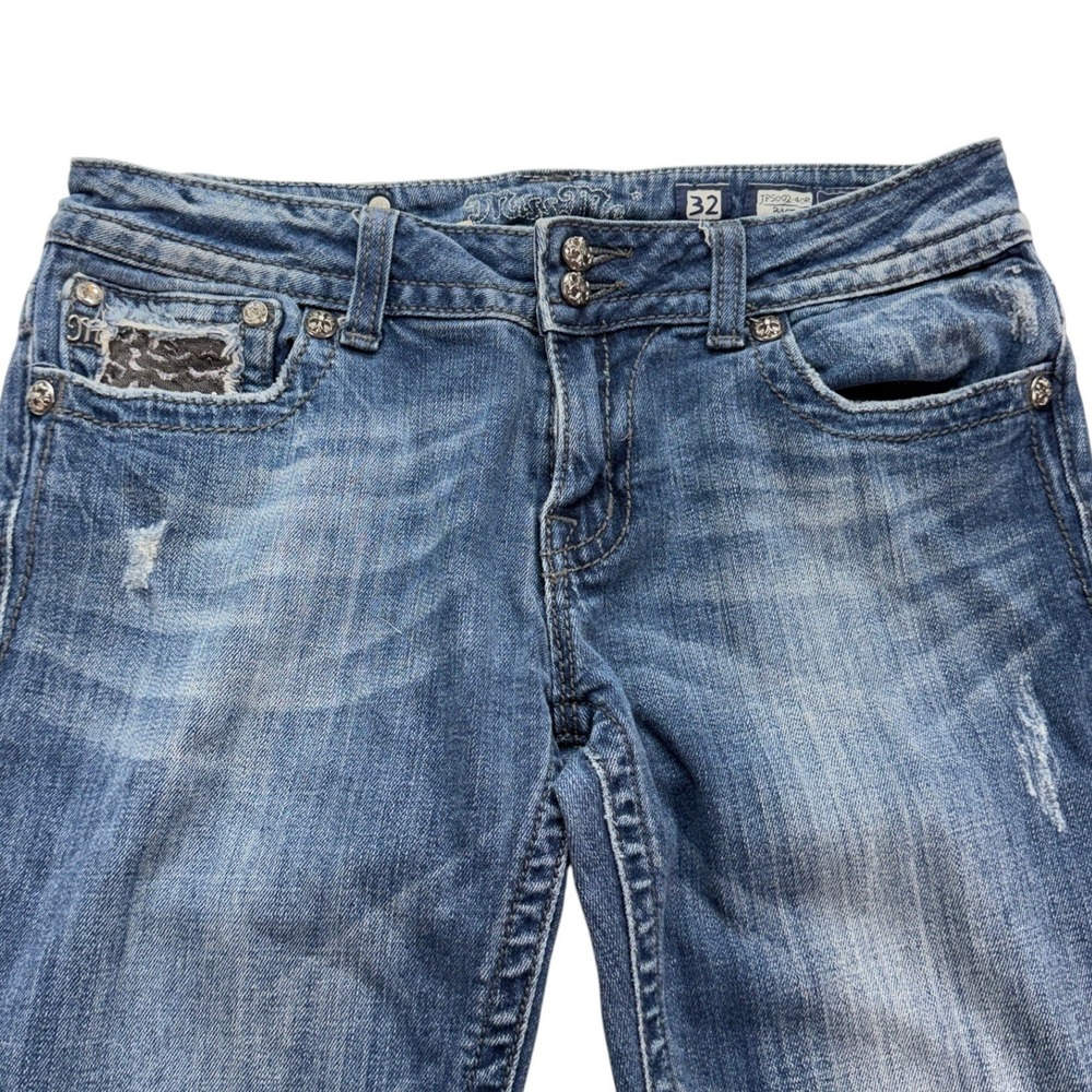 Miss Me Womens Jeans 32 Bootcut Blue Low Rise Distressed Embellished JP5002 - Picture 5 of 16